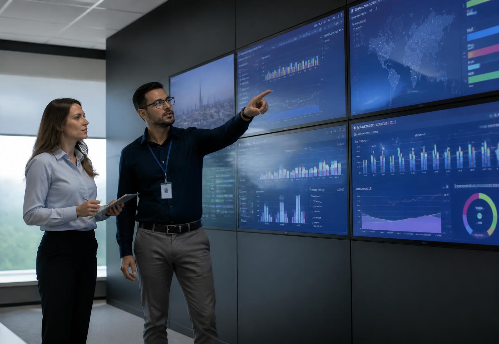 Equipe de tecnologia acompanhando indicadores de operação em uma sala de controle
